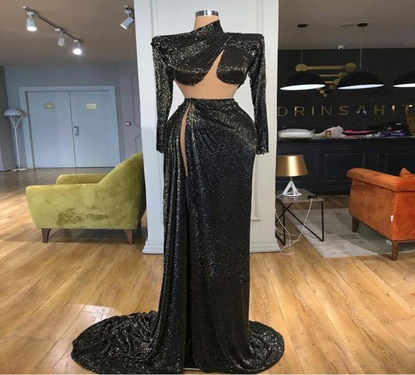 

arabic black sequins evening dresses high side split high neck long sleeves prom dress mermaid custom made luxury robe de soiree1249083, Black;red