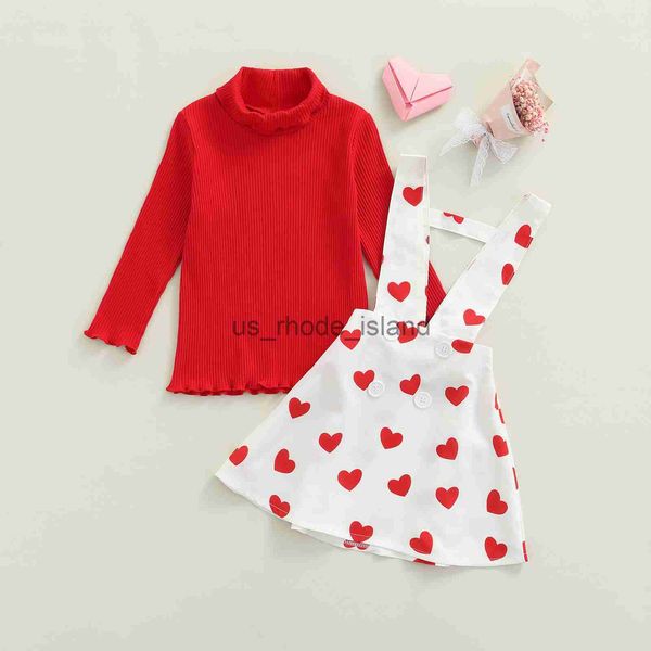 

t-shirts citgeett spring valentines day kids girls outfits ribbed long sleeve turtleneck pullover + love print suspender skirt clothes x0628, Blue