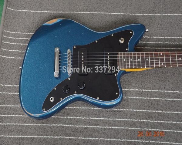 

custom shop fano alt de facto jm6 metallic blue relic electric guitar black p90 pickuos black pickguard8437850