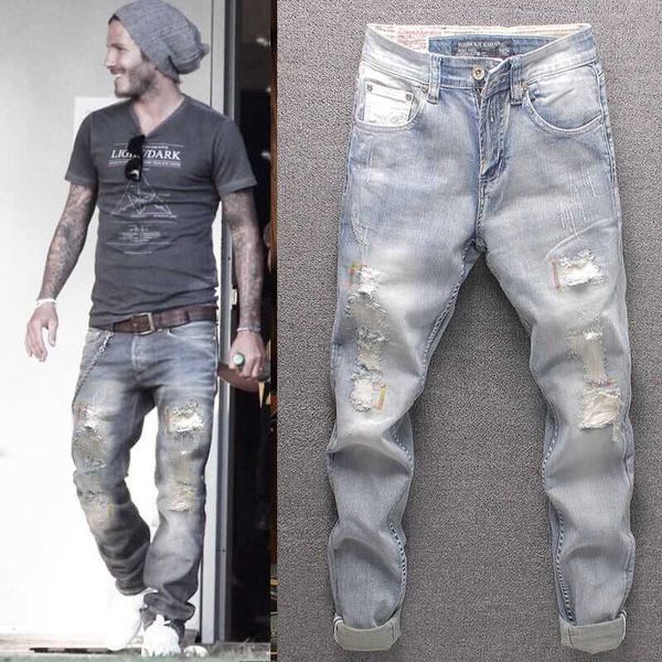 

designer purple jeans european american retro jeans men's stitching beggar's old patch loose straight long pants personality fashi, Blue