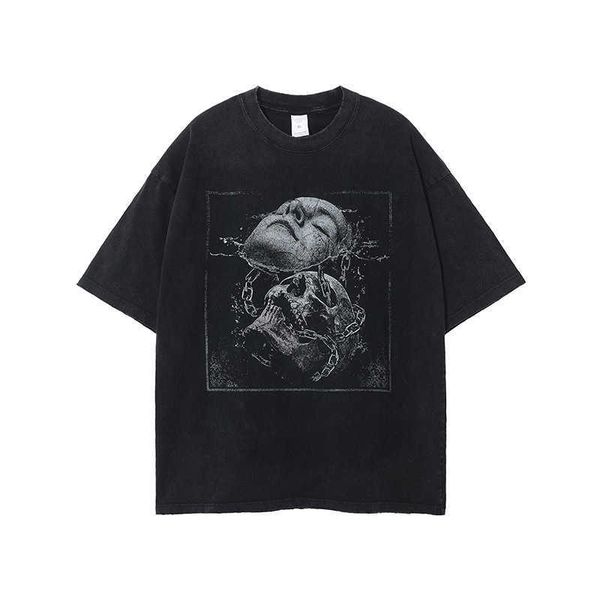 

men's artie wear | washed human face skull digital printing t-shirt fashion brand rubbed edge old short sleeve t-shirt for men stussys, White;black
