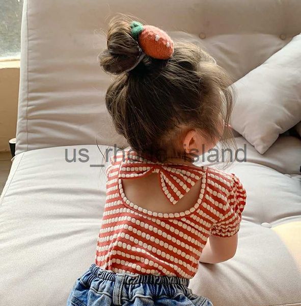 

t-shirts summer new korean style baby girls striped t-shirts bowknot backless puff sleeve toddlers kids tees x0628, Blue