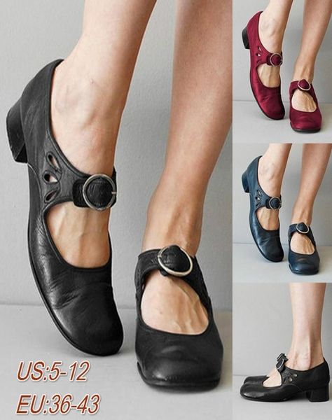 

2019 women039s fashion mary jane leather shoes flats ladies low chunky heel vintage sandals summer dress shoes4654600, Black