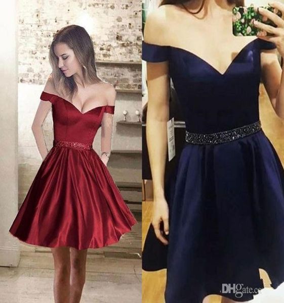 

2018 new fashion burgundy navy blue short homecoming dresses with beaded sash glossy off the shoulders a line cocktail prom 6743325, Blue;pink