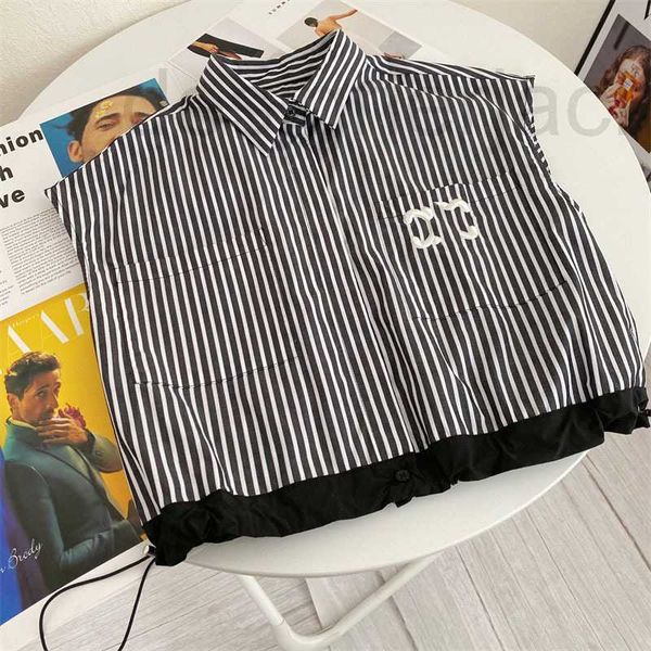 

women's blouses & shirts designer summer new arc de triomphe embroidery drawstring design contrast stripe versatile tank sleeveless shi, White