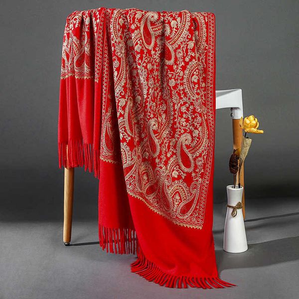 

women's scarf autumn and winter embroidered cashew fruit indian nepalese ethnic style winter thickened and warm imitation cashmere shaw, Red;brown