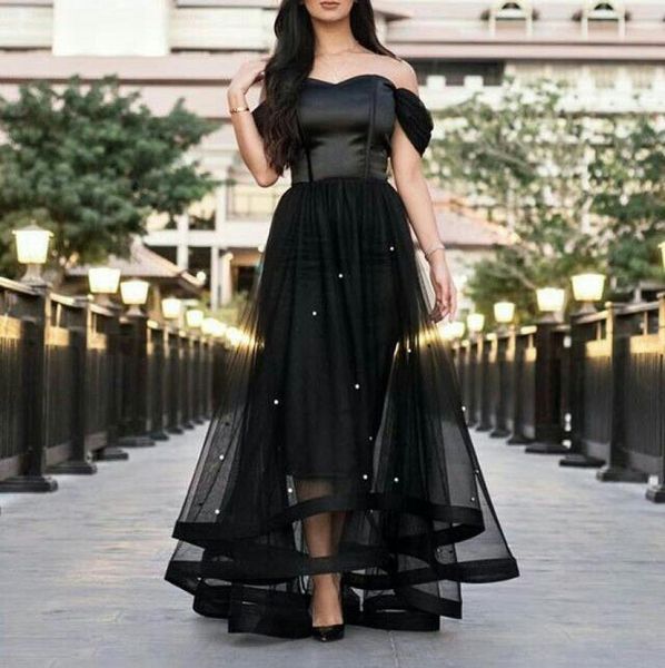 

2017 black prom dresses off the shoulder glass crystals beaded tulle satin boned bodice short front and long back evening gowns5684028
