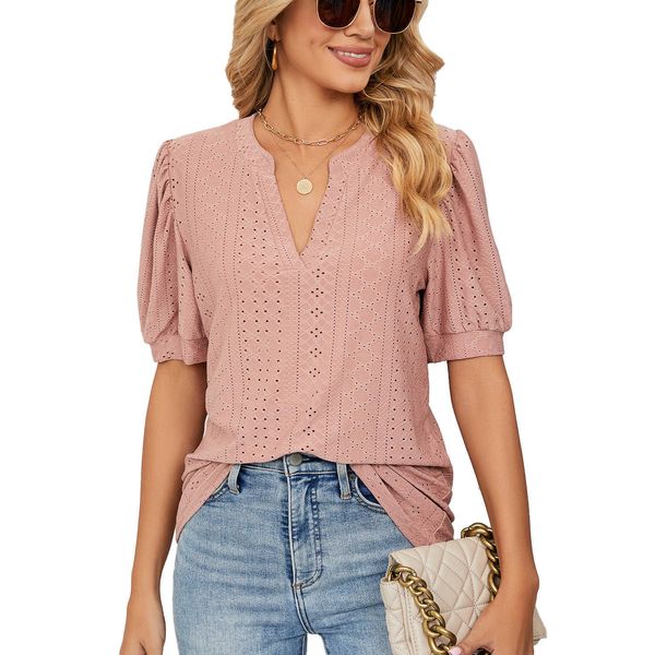 

lulu women t shirt blouses summer tee casual v-neck solid color shirt ho ow bubble sleeve loose lady