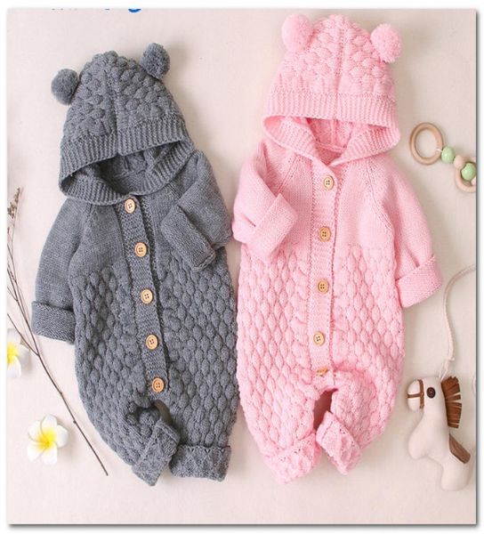 

ins baby boy romper infant girls pompon bear ear hooded long sleeve jumpsuits newborn kids knitted sweater out wear clothes j03756105987, Blue