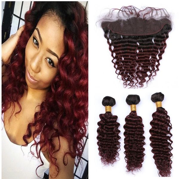 

1b99j burgundy ombre brazilian deep wave human hair bundles with frontal closure wine red dark roots curly virgin hair 13x4 full 4149617, Black;brown