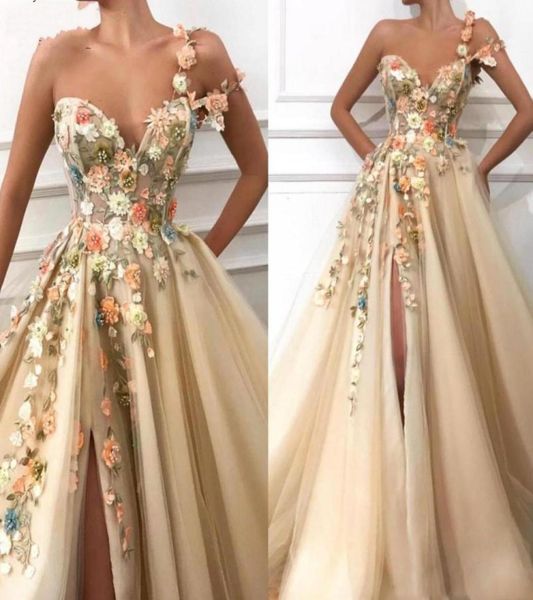 

one shoulder 3d floral long aline tulle prom dresses junior special dress lace applique beaded split floor length formal par6044826, Black
