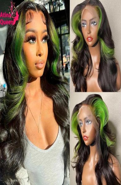 

13x4 highlight green lace front human hair wig pre plucked body wave synthetic closure wigs for black women46197204981664