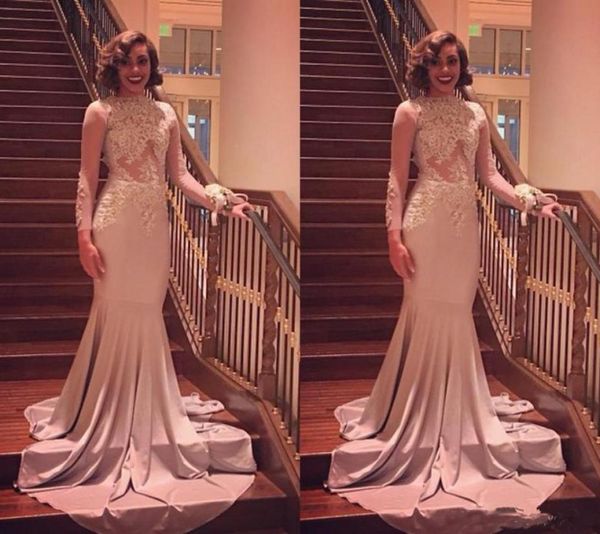 

appliqued lace mermaid evening dresses transparent long sleeves high neck prom party gowns special occasion gowns african girls pa1060331, Black;red