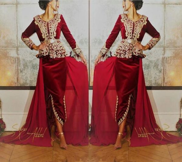 

2019 burgundy velvet caftan karakou algerien prom formal dresses with gold lace long sleeve peplum occasion evening gown wear2514565, Black;red