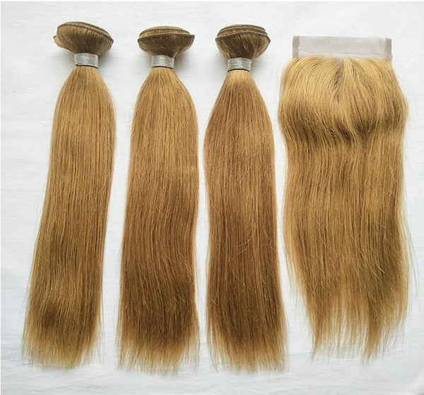 

brazilian virgin hair 27 colored blonde human hair 3 bundles with lace closure blonde straight hair weaves with 4x4 lace cl3028289, Black;brown