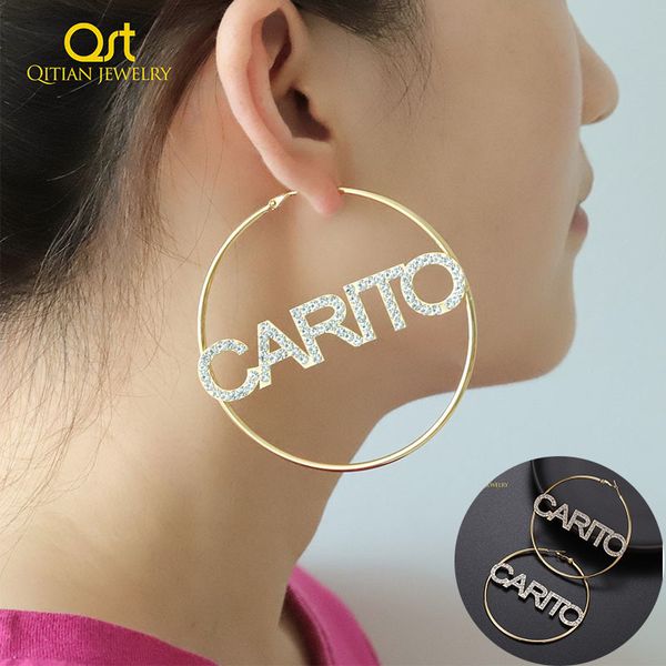 

hoop huggie custom iced out bling jewelry personalized name large earrings for women hiphop brincos stainless steel big circle round bijoux, Golden;silver
