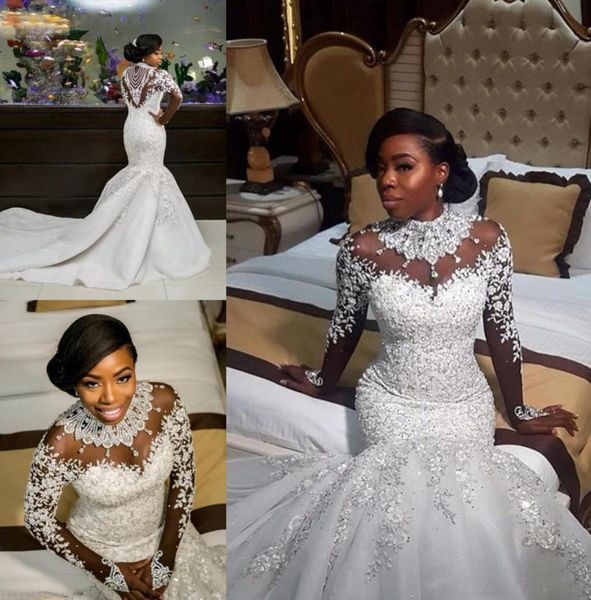 

2018 latest luxurious high neck mermaid wedding dresses crystals long sleeve bridal appliques bridal wedding gowns vestido de novi9169926, White