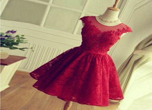 

aline round sheer neck short red lace prom dress sleeveless bridesmaid dress simple knee length hollow back with laceup homecomi2701131, Blue;red