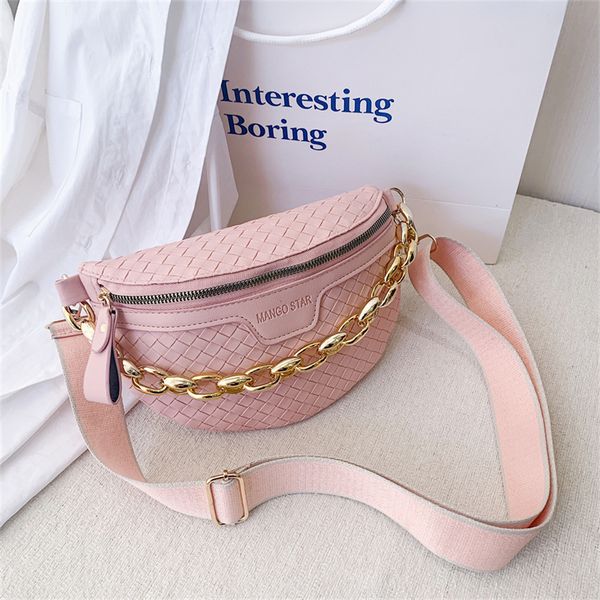 

waist bags knitted pu leather waist bags for women weaving design fanny pack thick chain female waist pack wide strap crossbody chest bag 23
