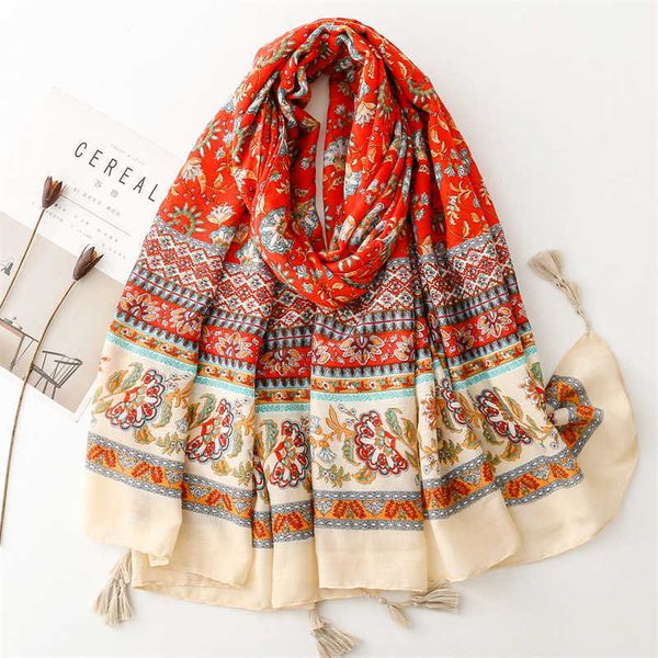 

lijiang yunnan tibet tourism vacation shawl red flower ethnic style scarf cotton linen p scarf female5ers, Red;brown