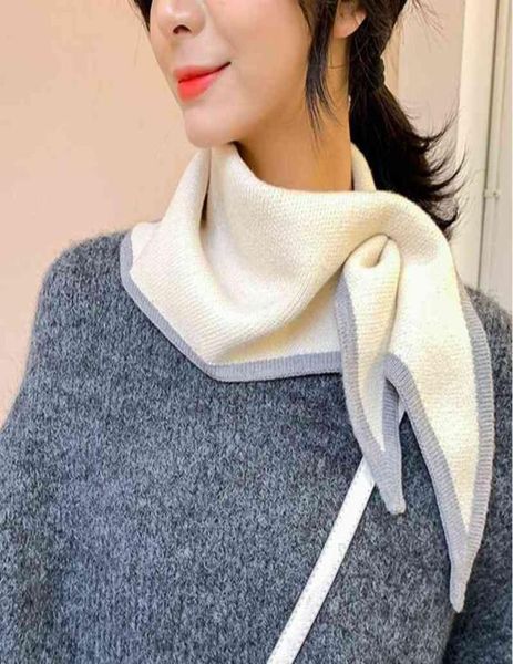 

women triangular scarves winter woolen knit elastic bow cross warm scarf female solid color soft false collar neck guard bib y22029602370, Blue;gray