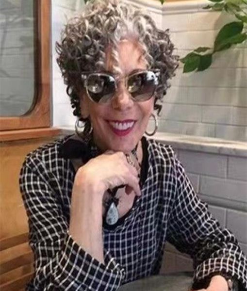 

short gray human hair wigs with curly bang pixie cut gorgeous looking salt and pepper real virgin none lace front wig 8inch 150 d1133317, Black;brown