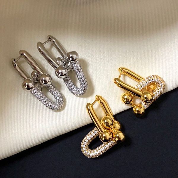 

stud high-quality 925 sterling silver double-ring u-shaped earrings women's simple fashion brand european party high-grade jewelry 2306, Golden;silver
