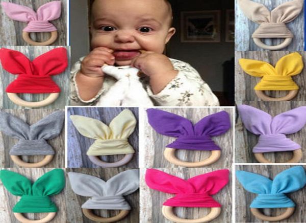 

20pcs infant baby ins teethers teething ring natural wood circle solid color rabbit ear cotton teeth practice toys handmade ring y6155779