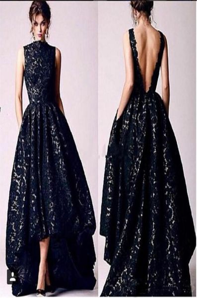 

modest high low prom dresses lace high neckline open back hi lo party dress custom made asymmetrical prom dresses evening wear1486691, Black