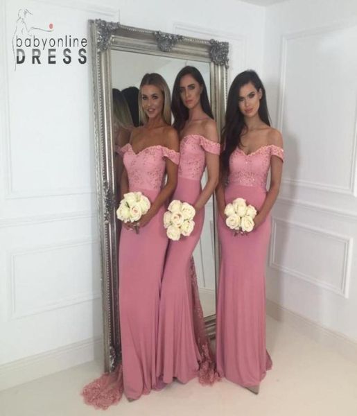 

pink mermaid bridesmaid dresses elegant off shoulder appliques long train maid of honor gowns wedding guest evening prom wear 4985602, White;pink