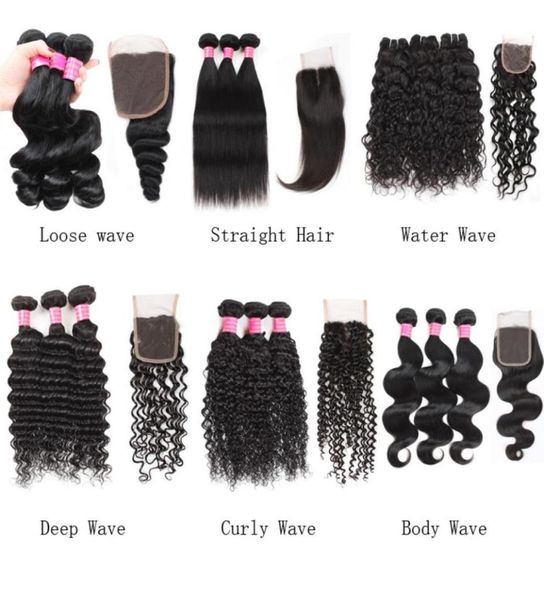 

factory 8a unprocessed brazilian virgin hair 3 bundles with 44 lace closure straight hair body loose deep curly water36513466922889, Black