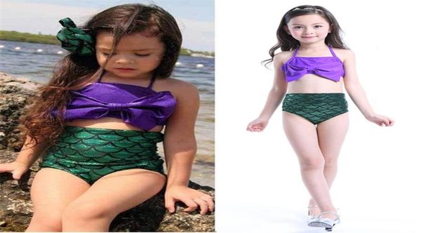 

children kids girls mermaid cosplay halter bikini swimwear with high waist fish scale bottom bathing toddler bow swimsuit2593565, Blue