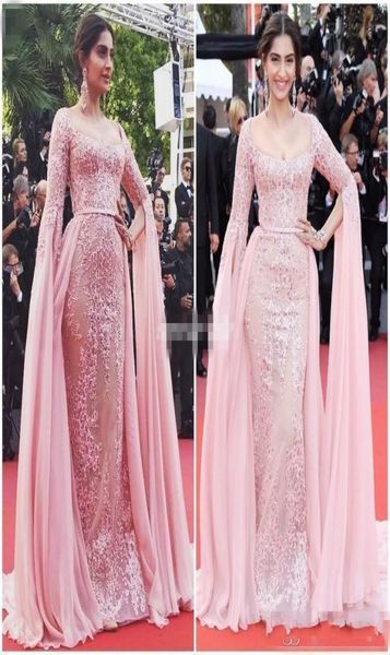 

2019 pink lace appliqued overskirt evening dresses formal party gowns zipper back long poet sleeves red carpet celebrity dress pro7607300, Black;red