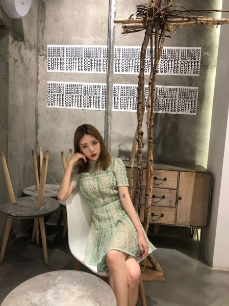 

auto self portrait light green lace mesh red dress dress, Black;gray