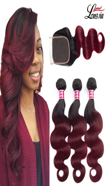 

ombre human hair bundles with closure 44 1b99j body wave hair with closure 34 bundles brazilian body wave human hair extension7523754, Black;brown