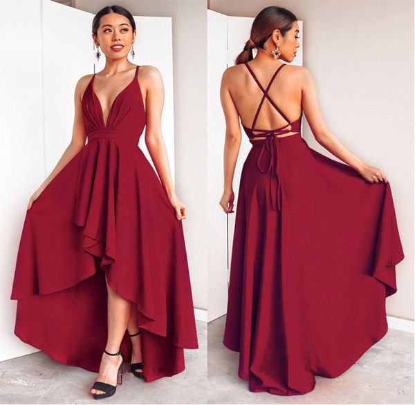 

2019 deep v neck evening party dresses high low backless plus size vestido de festa1608782, Black