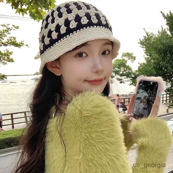 

caps version crochet cotton wool knitted beanie hat women personality retro bucket hat hollow color bucket hat r230628, Blue;gray