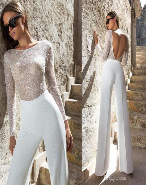 

2020 new eva lendel jumpsuit wedding dresses sheath jewel neck bling bling sequins long sleeve bridal gowns wedding dress vestido 8264099, White