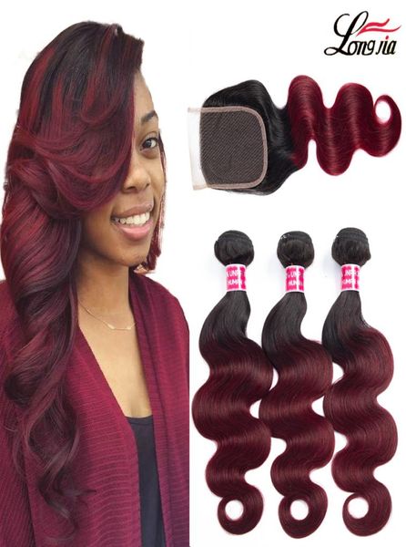 

ombre human hair bundles with closure 44 1b99j body wave hair with closure 34 bundles brazilian body wave human hair extension9580567, Black;brown