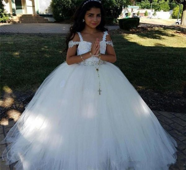 

new puffy flower girl dresses for weddings lace applique beads sleeveless tulle girls pageant dress kids baby children commu6870807, White;blue