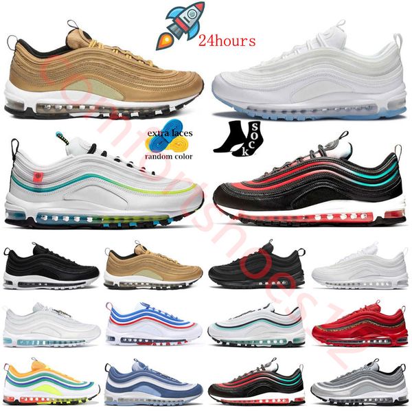 

men women running shoes max 97 triple white black silver bullet future forward neon violet red burgundy bred reflective blue spruce aura pin