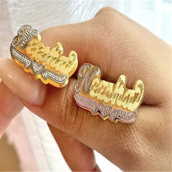 

hoop huggie double layer nameplate earrings personalized custom name two-color ear studs for women letter name earrings 230627, Golden;silver