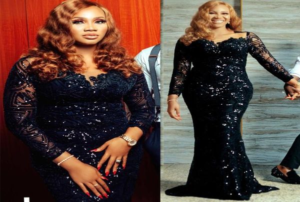 

2021 plus size arabic aso ebi black mermaid prom dresses sequined long sleeves evening formal party second reception gowns dr2536915