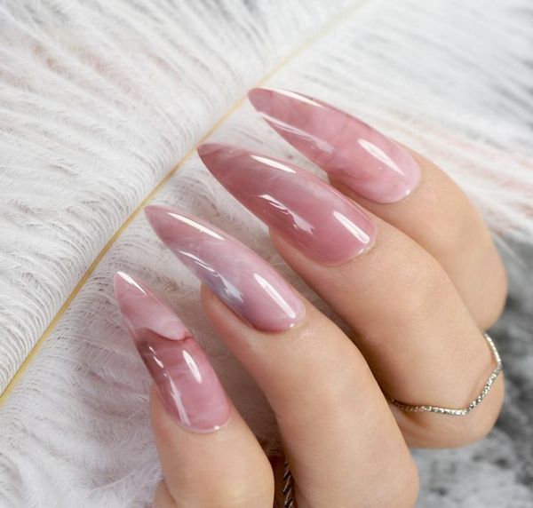 

extra long false nails predesigned curved pink marble press on nails including glue sticker7444358, Red;gold
