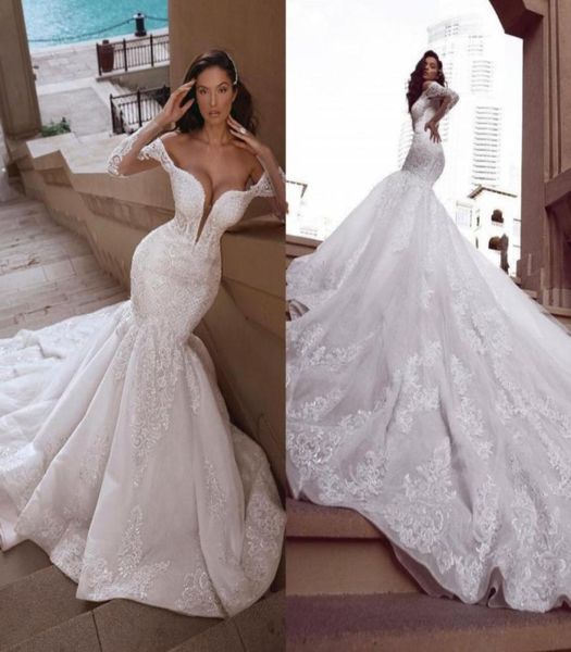 

gorgeous mermaid lace wedding dresses sheer plunging neck long sleeves beaded bridal gowns plus size sequined trumpet vestido de n9192516, White