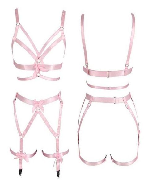

women pink bow full body harness bra elastic plus size cupless bra hollow out strappy garter belt punk gothic lingerie set s04924009, Red;black