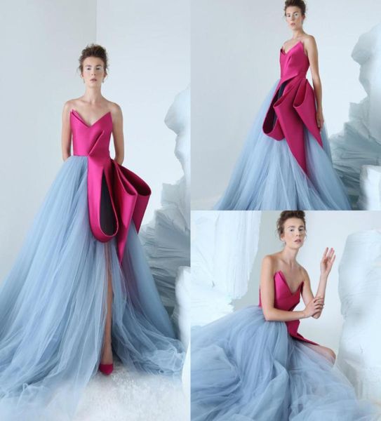

2019 azziosta gorgeous prom dresses v neck luxury ruffles side split tulle sweep train evening dress party wear custom made forma1900459, Black;red