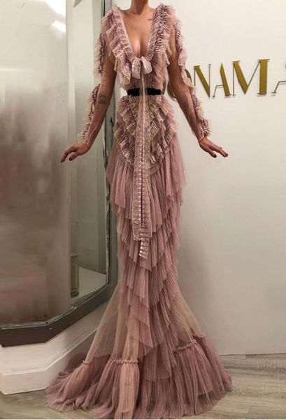 

new saudi arabic rose pink mermaid evening dress long sleeve tiered ruffles v neck prom gowns abendkleider formal dress party wear7712710, Black