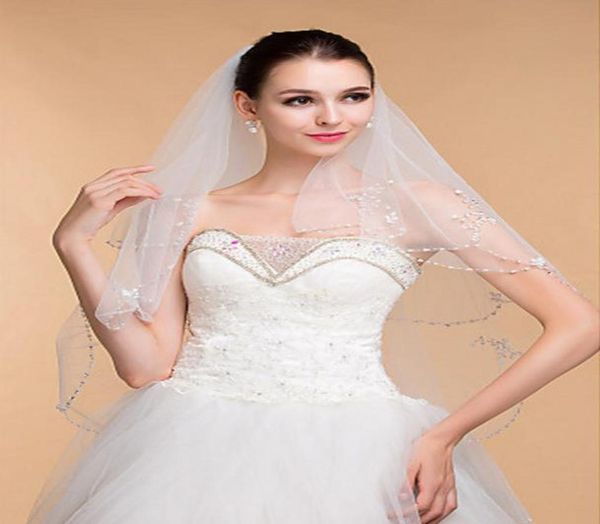

pretty elegant twotier pearl and bead edge hip length white ivory champagne red black purple pink wedding veil meidingqianna bran1179693