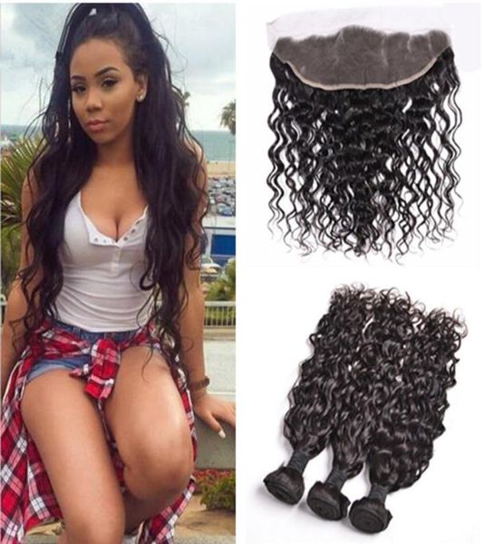 

13x4 peruvian water wave lace frontal closure with bundles 8a virgin hair wet and wavy with lace frontal 100 human hair weave ext7292880, Black;brown